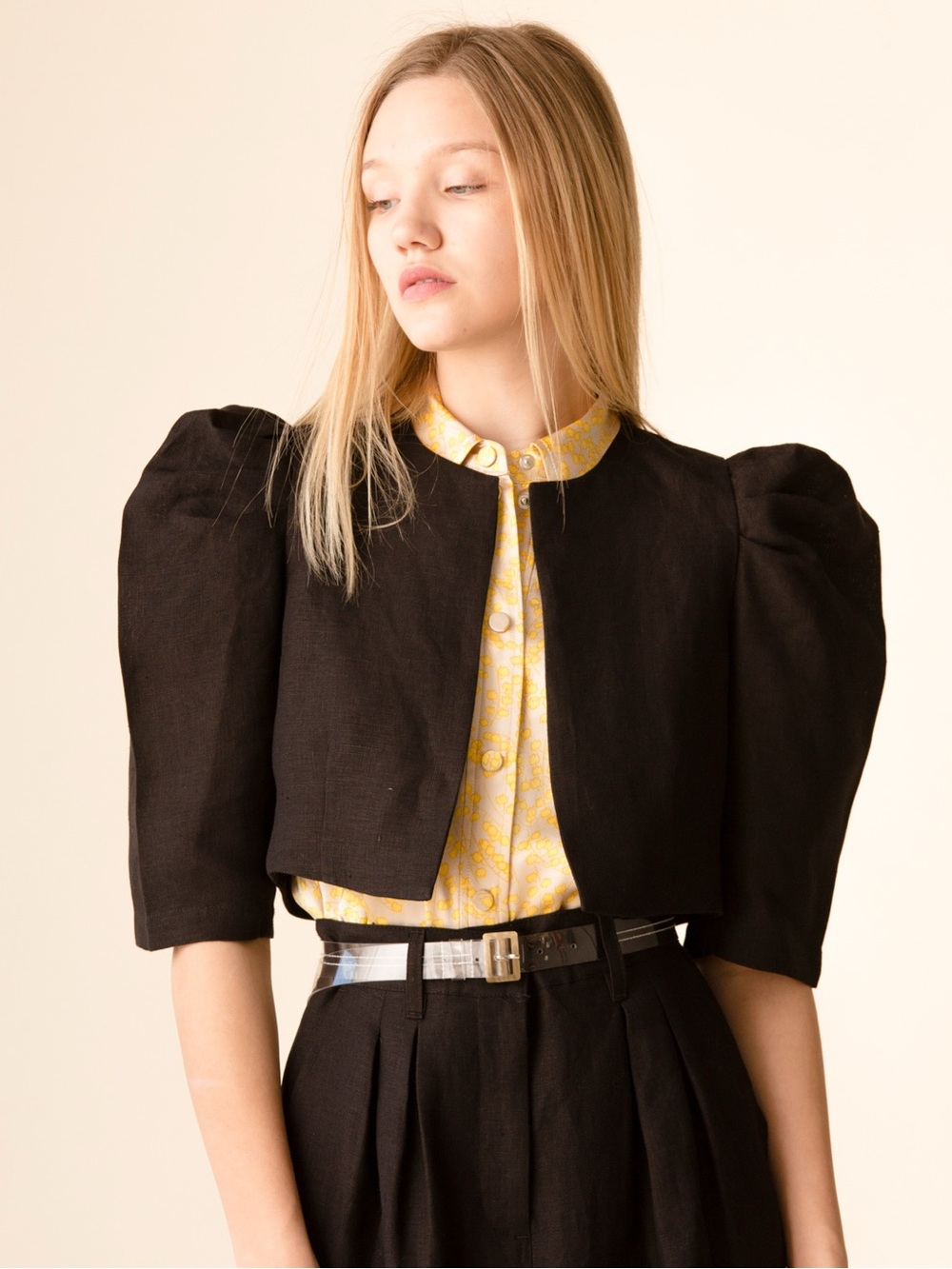 MARA HOFFMAN Hemp Cropped Puff Sleeve Open Front Judy Jacket Black Large